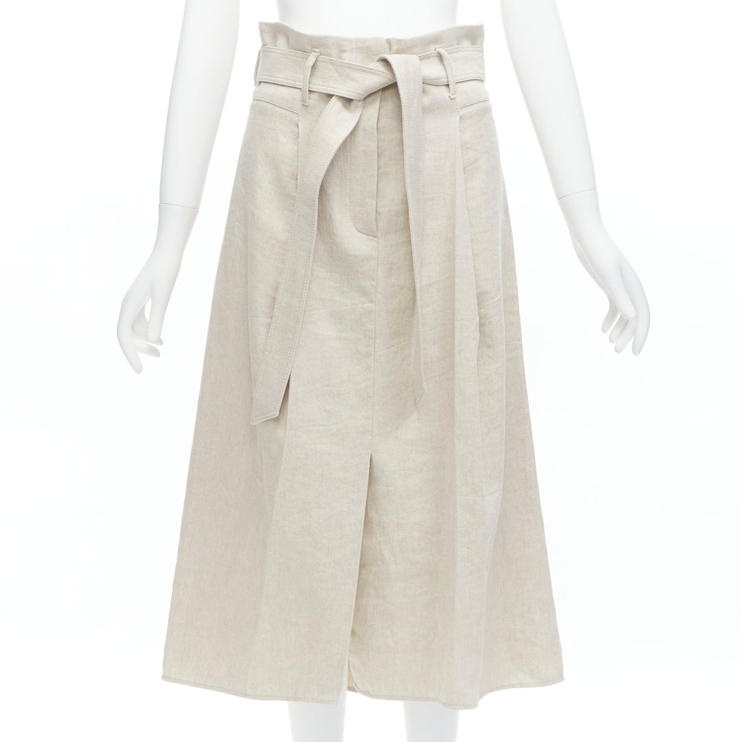 BRUNELLO CUCINELLI beige cotton linen tie belt A-line midi skirt IT40 S