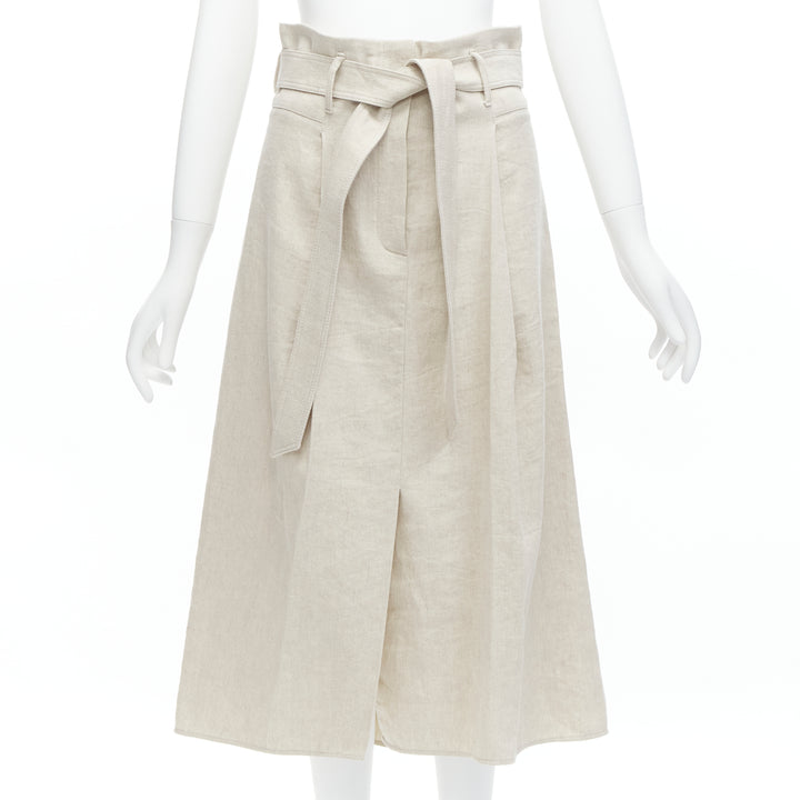 BRUNELLO CUCINELLI beige cotton linen tie belt A-line midi skirt IT40 S
