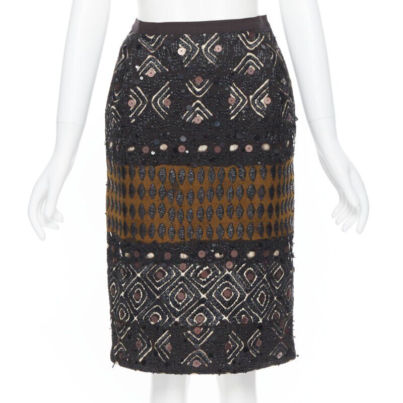 OSCAR DE LA RENTA 2008 brown raffia sequins embellished jacquard skirt US0 24"