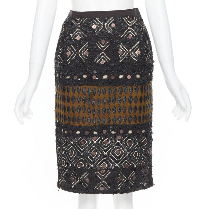 OSCAR DE LA RENTA 2008 brown raffia sequins embellished jacquard skirt US0 24"