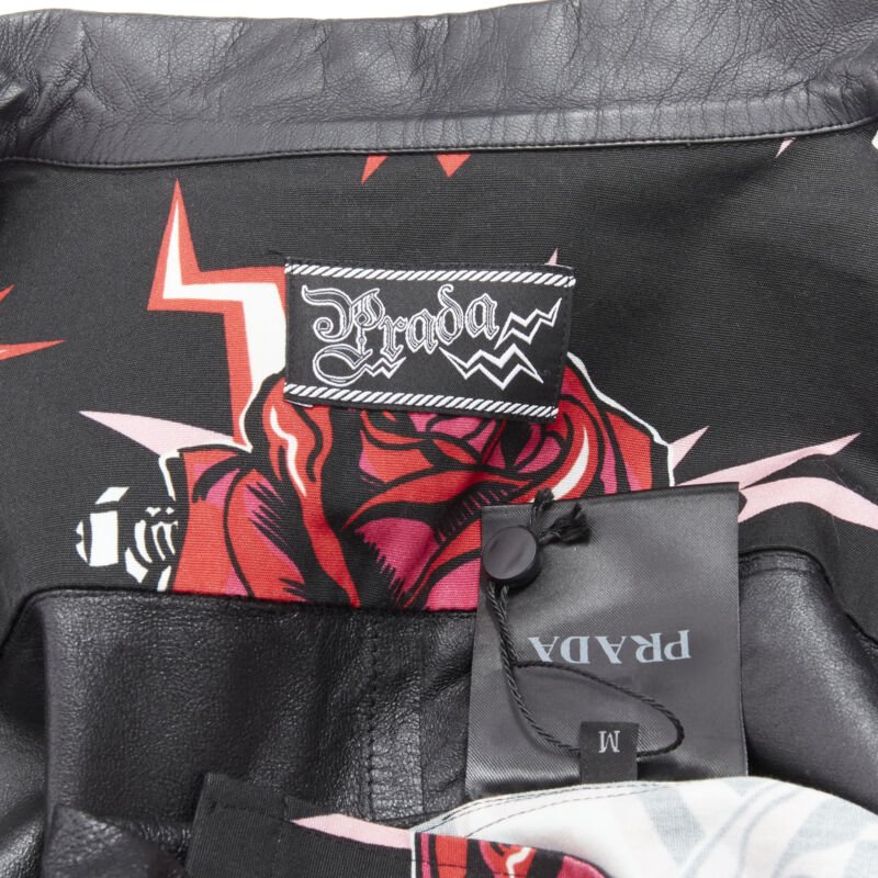 PRADA 2019 black red Rose Bolt cotton leather boxy bowling shirt EU48 M