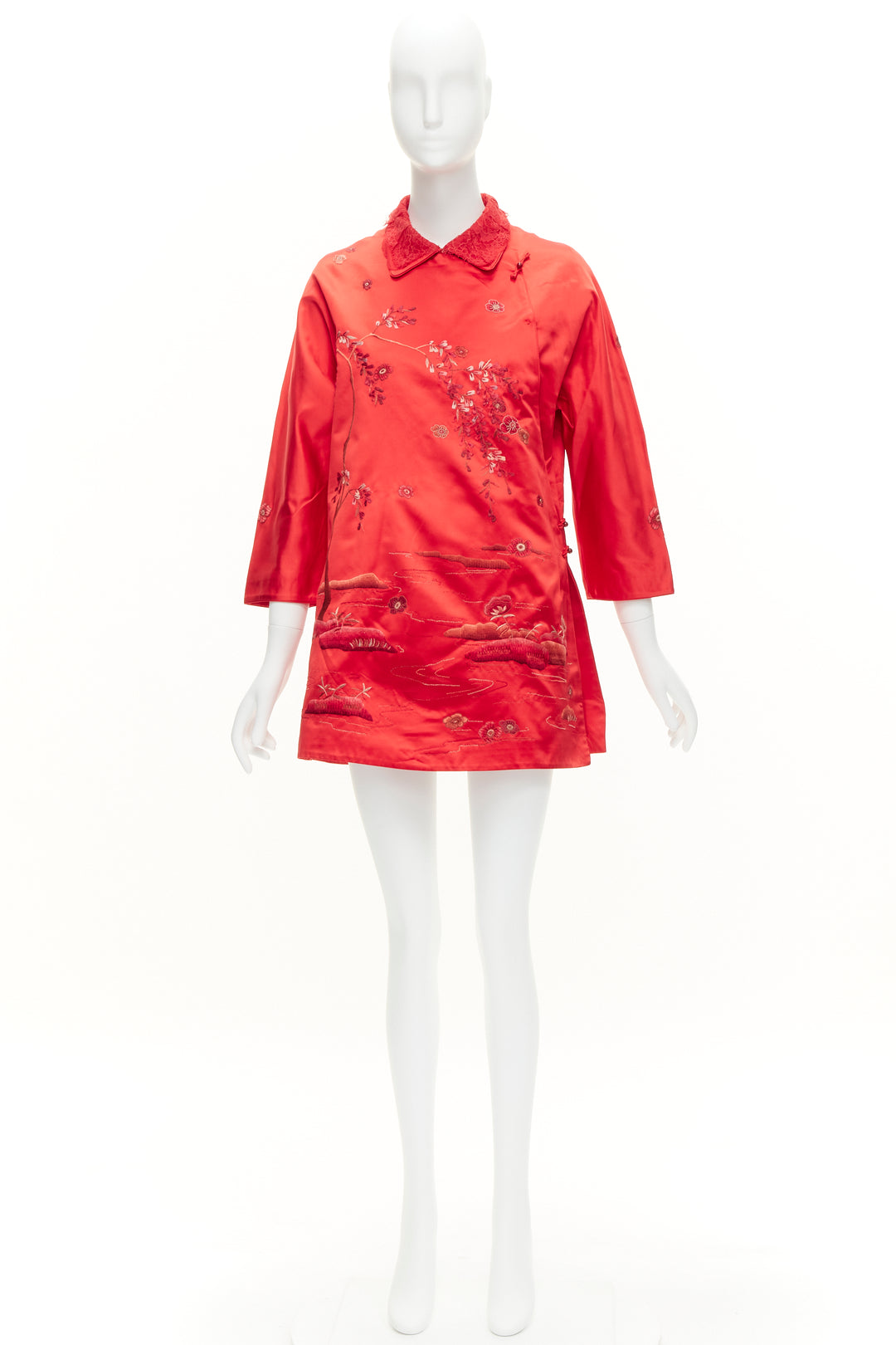 SHIATZY CHEN red silk lace collar floral cloud embroidery qipao top IT44 L