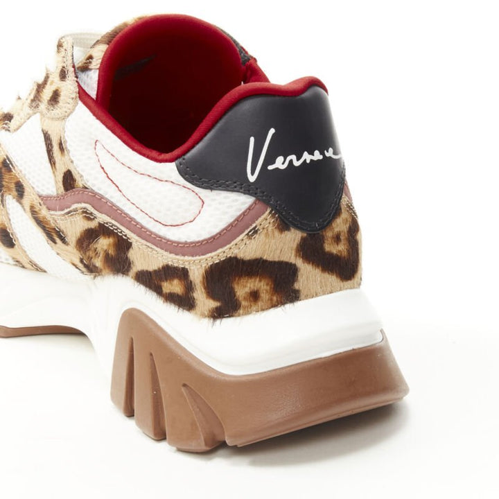 VERSACE Squalo brown leopard calfskin white mesh chunky sneakers EU41 US8