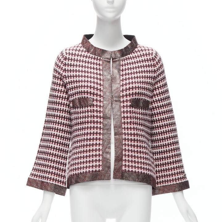 CHANEL pink 100% cashmere tweed crystal trim swing cardigan jacket FR34 XS