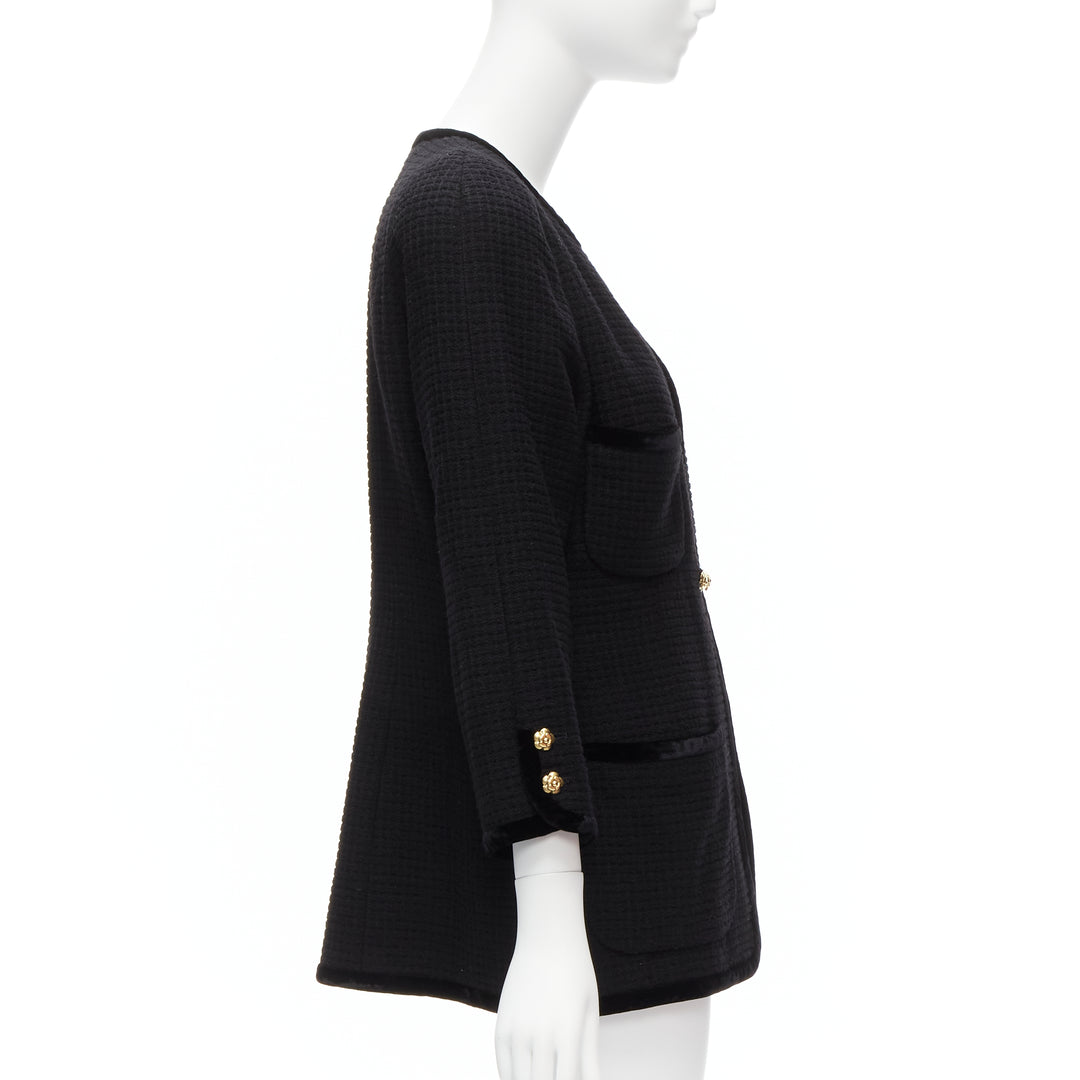 CHANEL Collection 23 1989 Vintage camellia button velvet black tweed jacket FR40