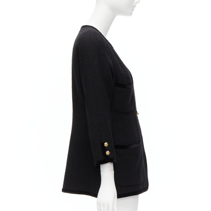 CHANEL Collection 23 1989 Vintage camellia button velvet black tweed jacket FR40