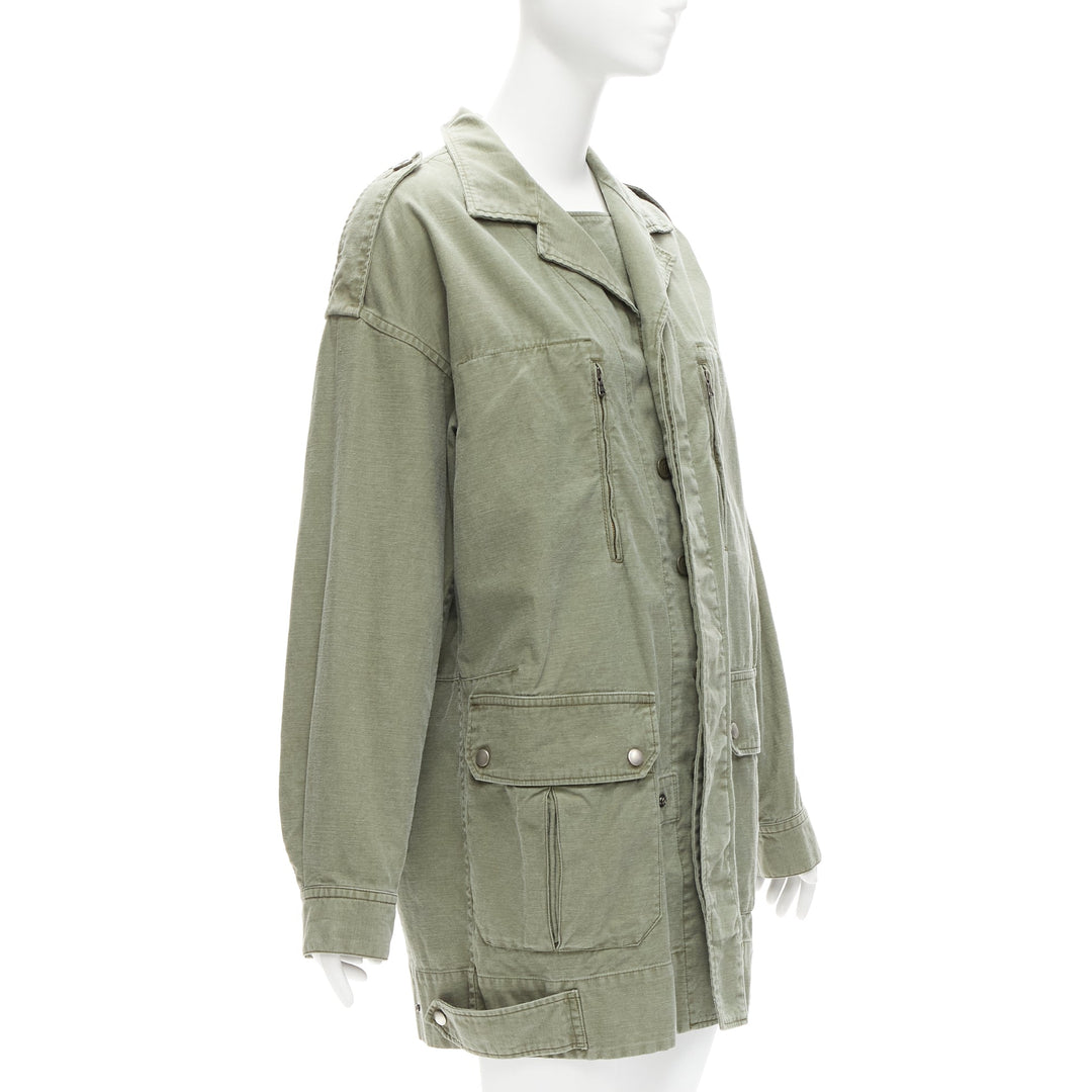 LIMI FEU washed green cotton zip back pocketed utility parka coat S