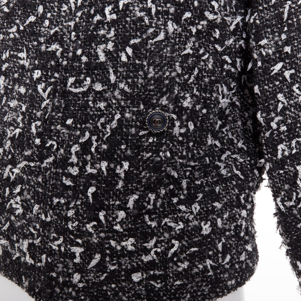 CHANEL 2019 speckle black white tweed collarless CC buttons jacket FR34 XS