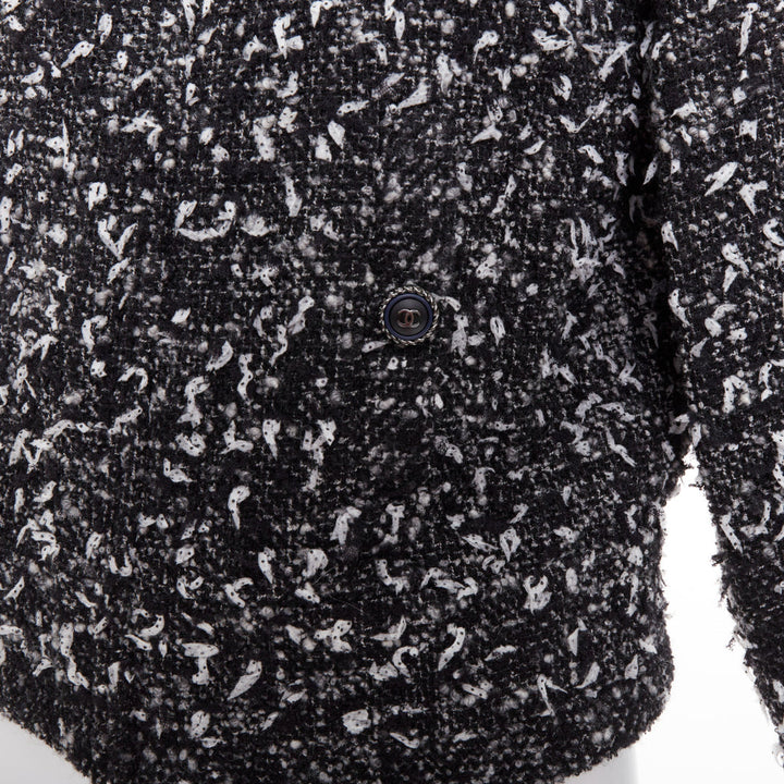 CHANEL 2019 speckle black white tweed collarless CC buttons jacket FR34 XS