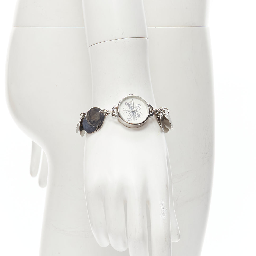 FURLA scribble butterfly logo silver disc chain watch bracelet