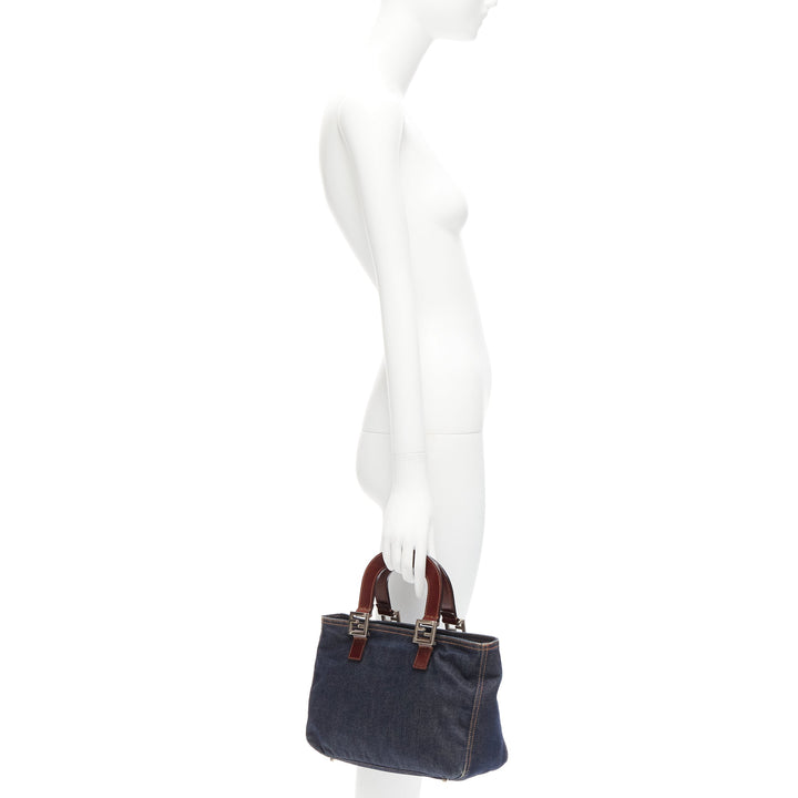 FENDI Vintage Twin dark blue denim FF buckle brown handle bag