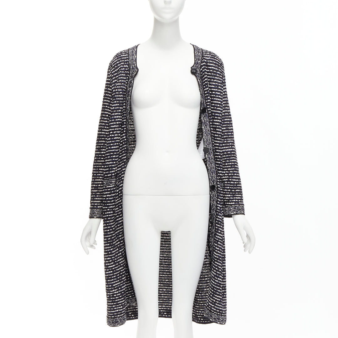 CHRISTIAN DIOR navy white light weave CD logo button long coat FR42 XL