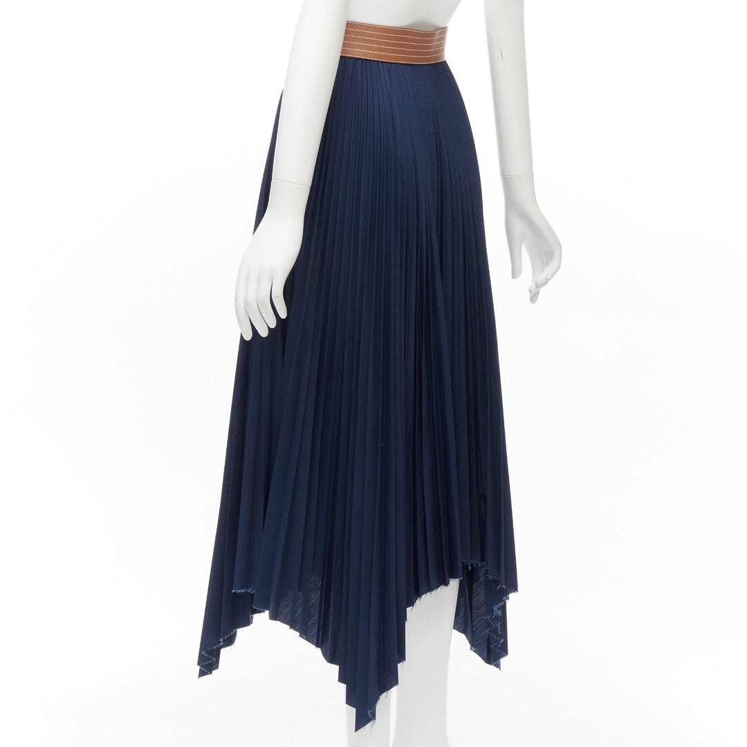 LOEWE brown cowhide leather white topstitched belt navy pleated skirt FR34 XS