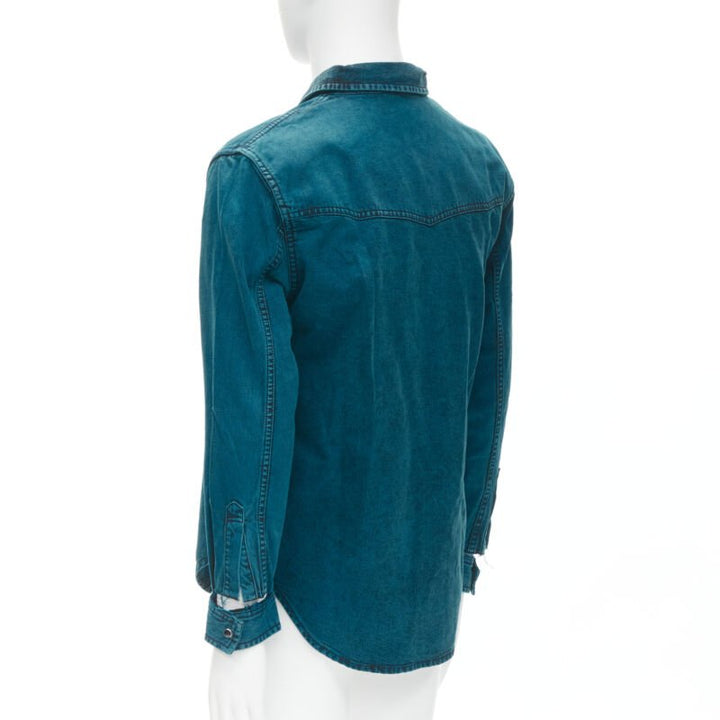 BALENCIAGA 2018 turquoise acid dye washed heavy cotton ripped cuff shirt EU38 S