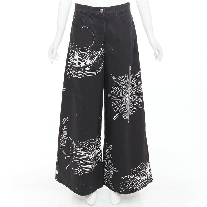 CHANEL 22C black white CC horoscope star print wide leg jeans FR40 L