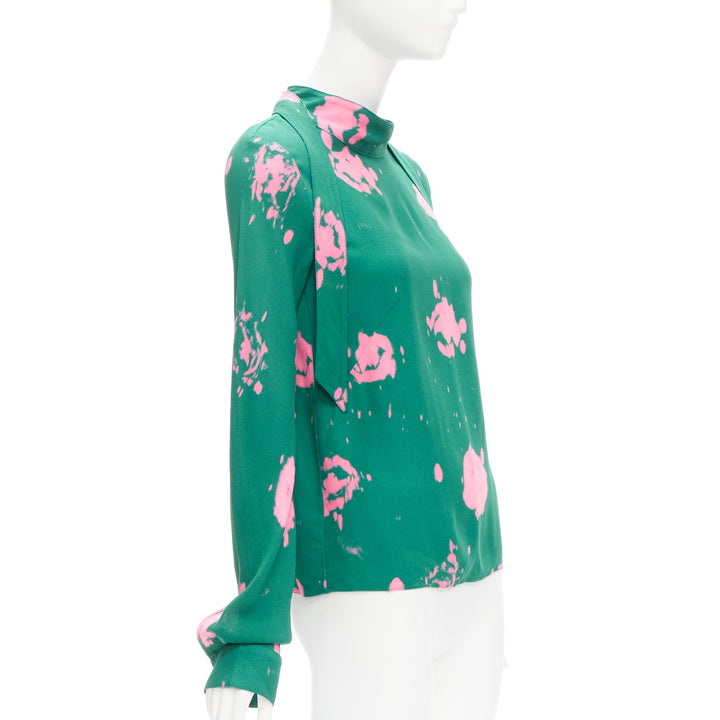 MARNI green pink splatter tie dye print tie neck long sleeve blouse IT38 XS