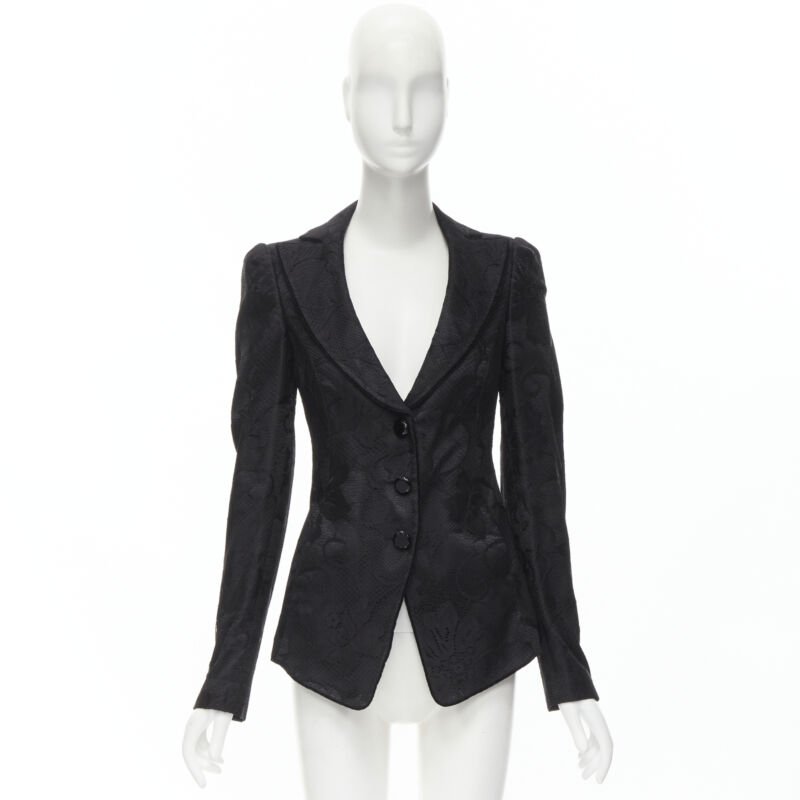 EMPORIO ARMANI black lace jewel cut buttons fitted blazer IT40 S