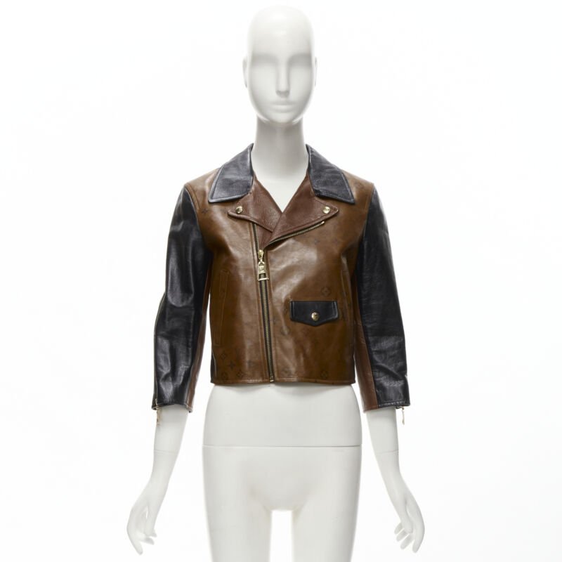 LOUIS VUITTON 2022 Tattoo Monogram cropped calfskin leather biker jacket FR43 XS