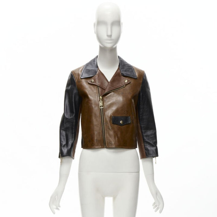 LOUIS VUITTON 2022 Tattoo Monogram cropped calfskin leather biker jacket FR43 XS