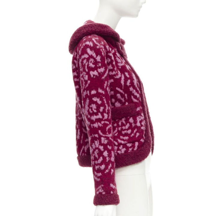 rare CHANEL red pink Camellia CC wool fluffy boucle trim cardigan jacket FR34 XS