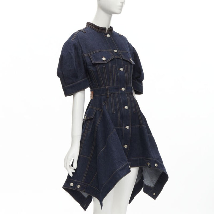 ALEXANDER MCQUEEN 2022 indigo blue denim corset rounded sleeve dress IT38 XS