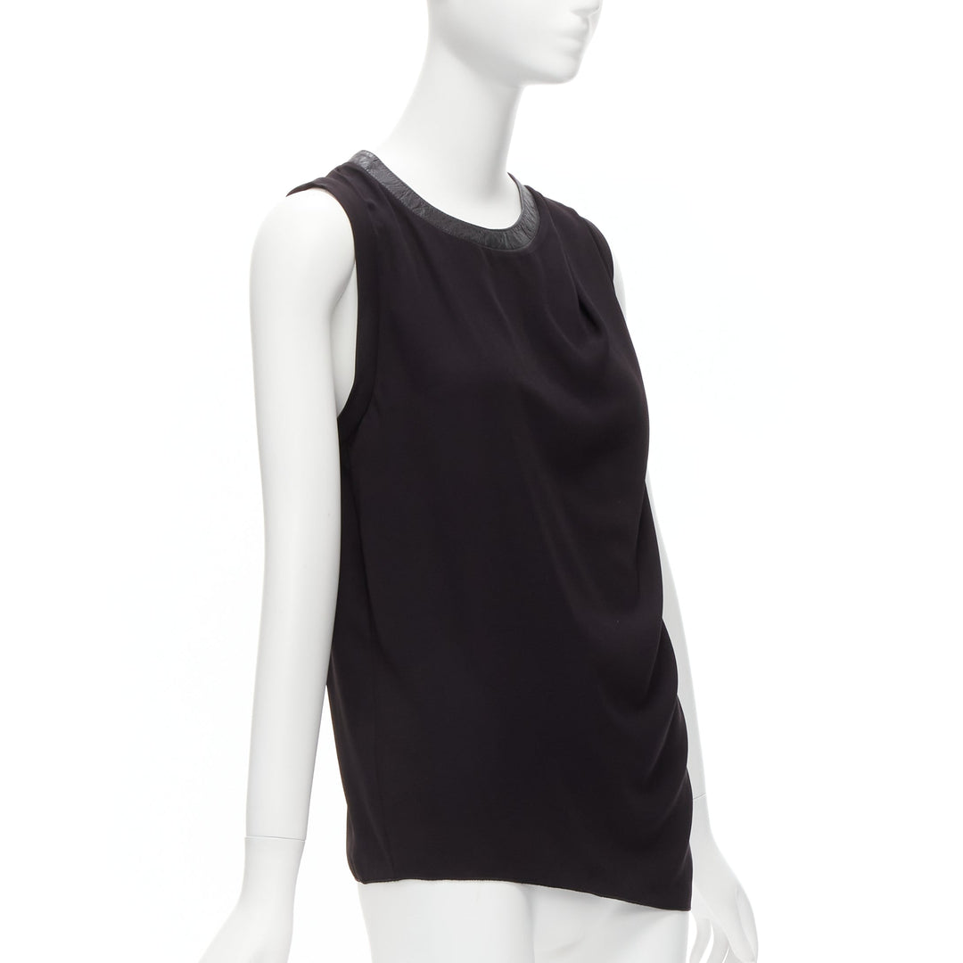 DION LEE black leather trim round collar silky drape sleeveless tank top AUS6 XS