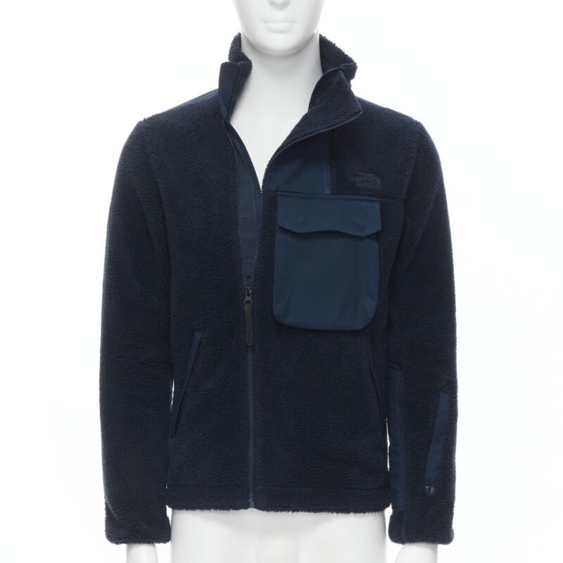 NORTH FACE navy blue fleece patch flap pocket asymmetric zip up jacket XS S