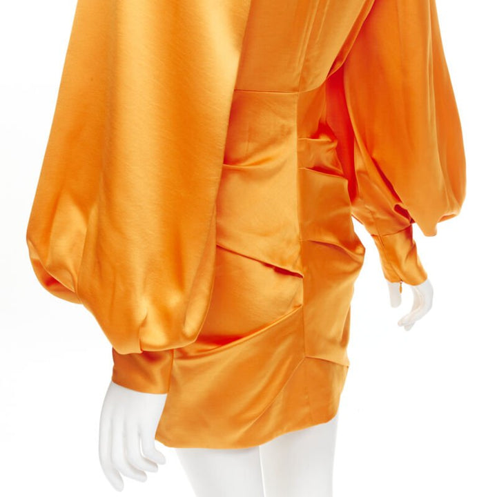 ACLER bright orange silky keyhole draped raglan puff sleeves mini dress US2 XS