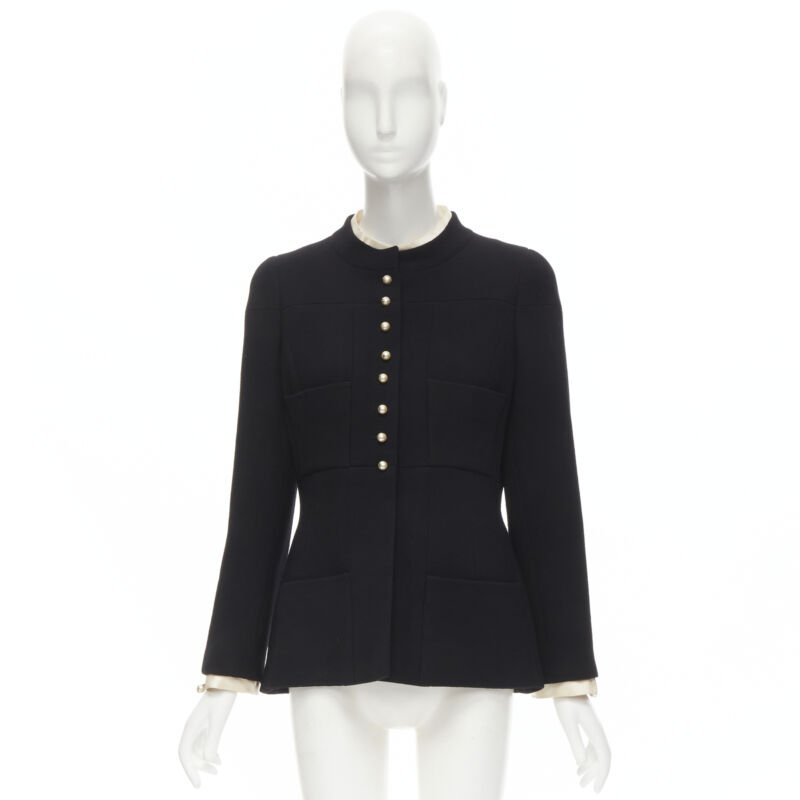 CHANEL 97A Vintage black wool CC pearl buttons panelled 4-pocket jacket FR40 M