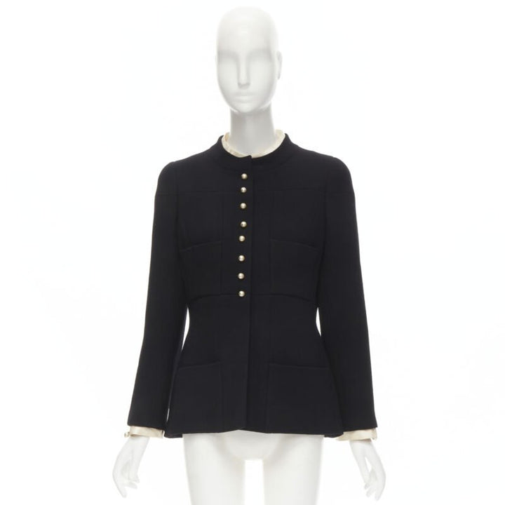 CHANEL 97A Vintage black wool CC pearl buttons panelled 4-pocket jacket FR40 M
