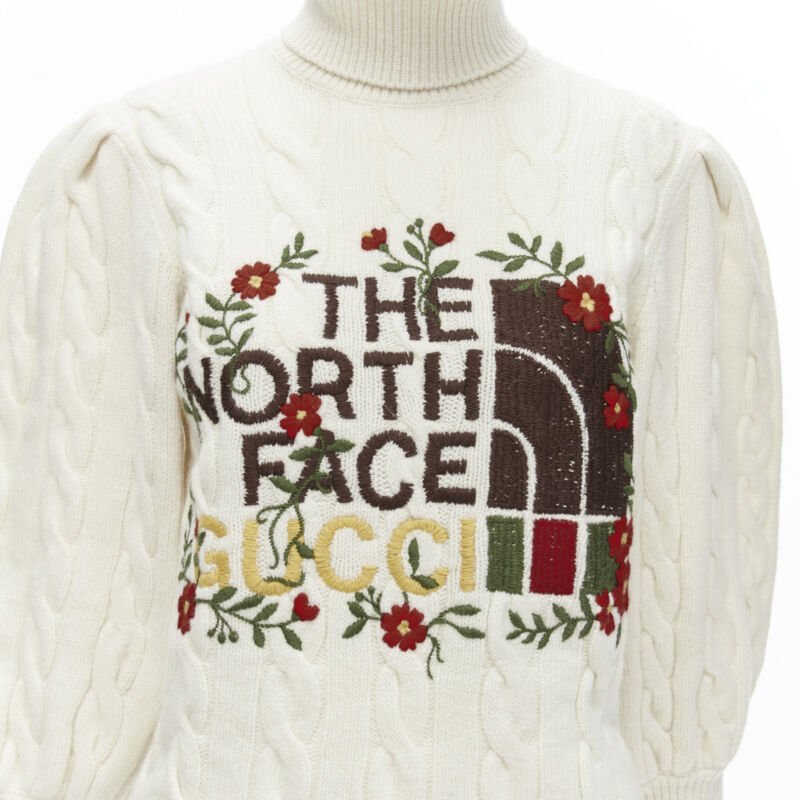 rare GUCCI THE NORTH FACE wool floral logo embroidery cable knit turtleneck XS