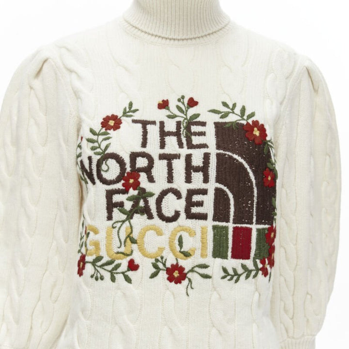 rare GUCCI THE NORTH FACE wool floral logo embroidery cable knit turtleneck XS