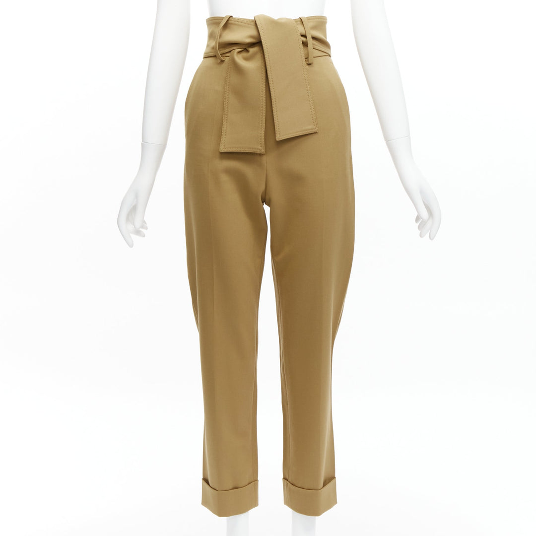 SARA BATTAGLIA khaki wool high waisted tie belt cuffed tapered pants  IT36 XXS