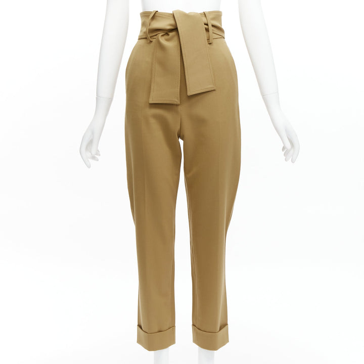 SARA BATTAGLIA khaki wool high waisted tie belt cuffed tapered pants  IT36 XXS
