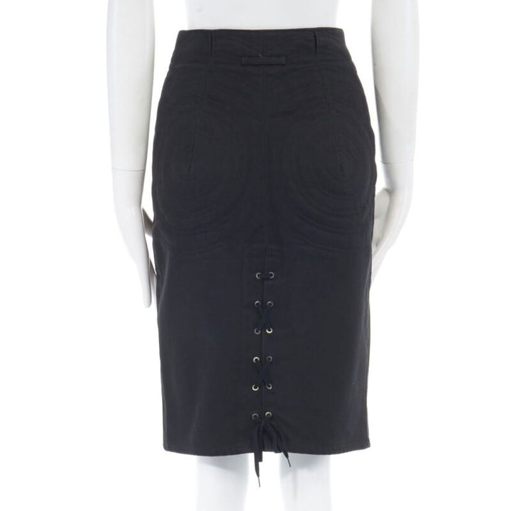 JEAN PAUL GAULTIER black cotton dual zip circle stitch padded bum skirt 25" XS