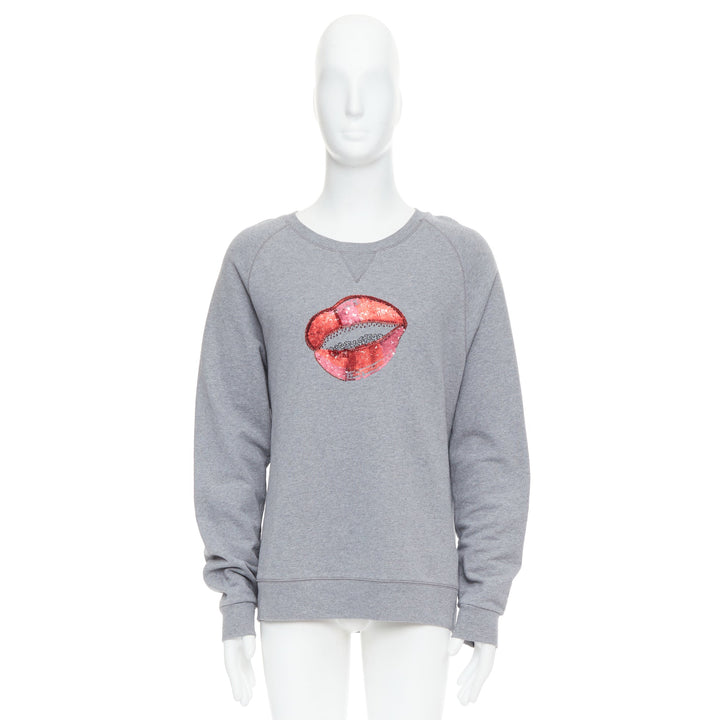 DRIES VAN NOTEN grey cotton red sequins lip crew pullover top L