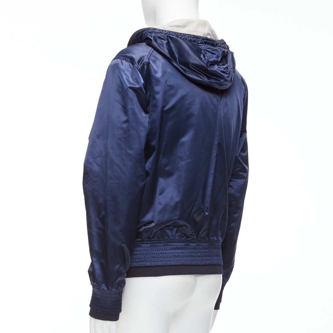 D&G navy nylon grey cotton lined gold varsity logo hooded zip up  IT46 S