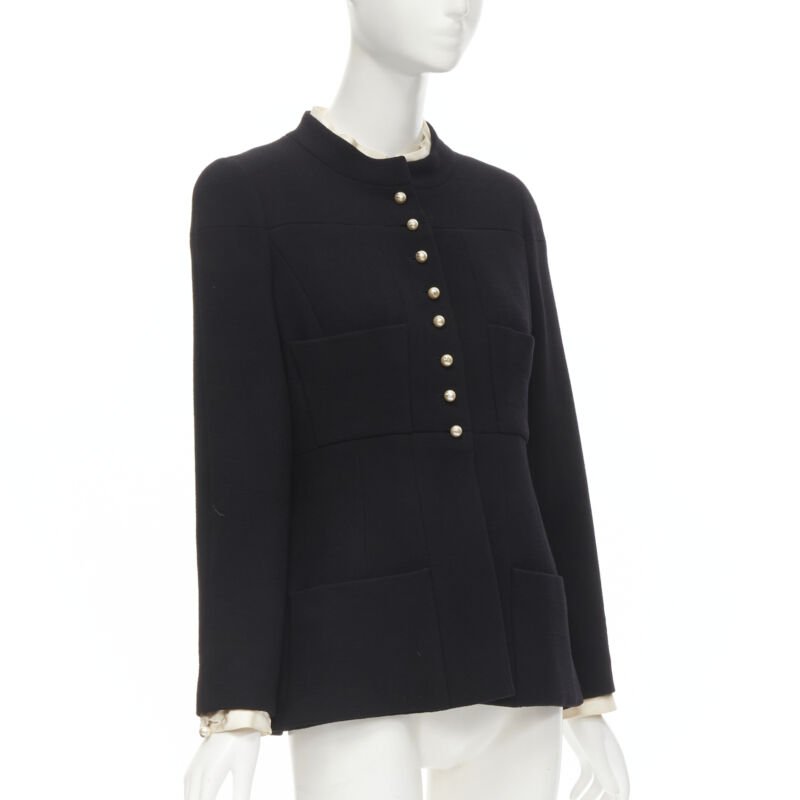 CHANEL 97A Vintage black wool CC pearl buttons panelled 4-pocket jacket FR40 M