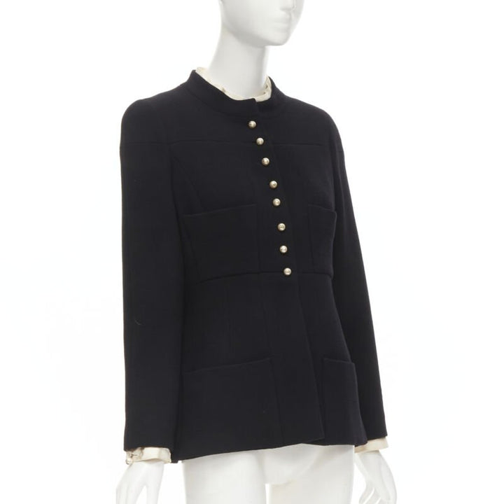 CHANEL 97A Vintage black wool CC pearl buttons panelled 4-pocket jacket FR40 M