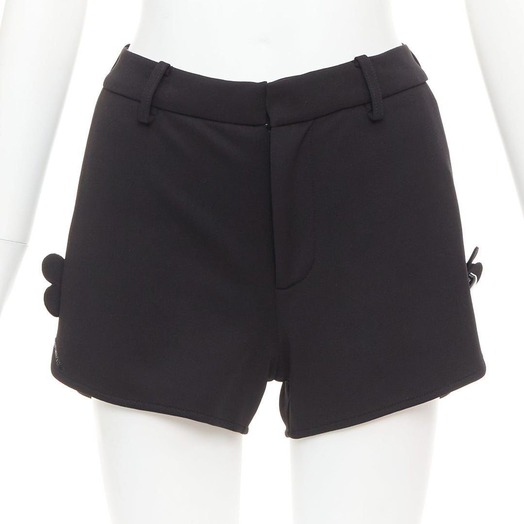 SHUSHU TONG Slit Shorts black floral button applique mini runner pants UK6 XS