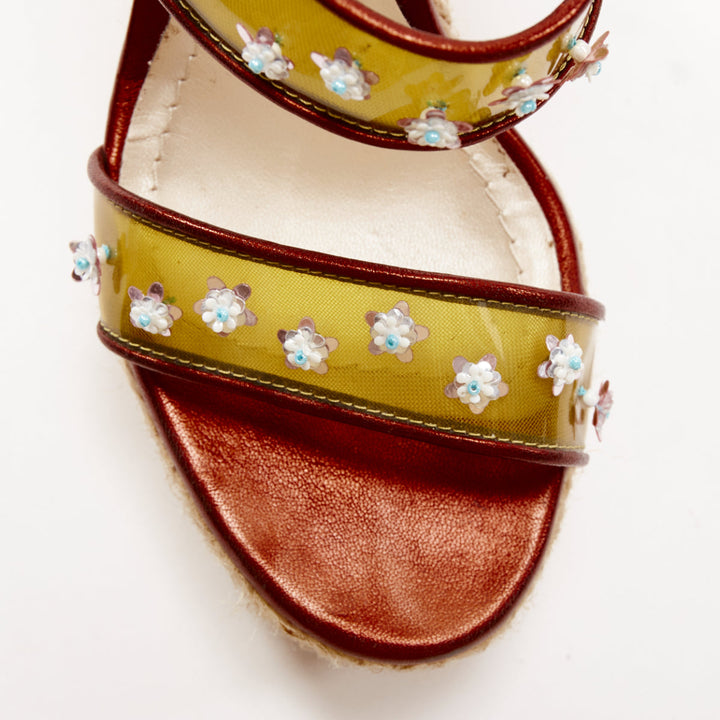 DIOR Raf Simons yellow PVC strap floral brown strap  jute wedges EU35.5