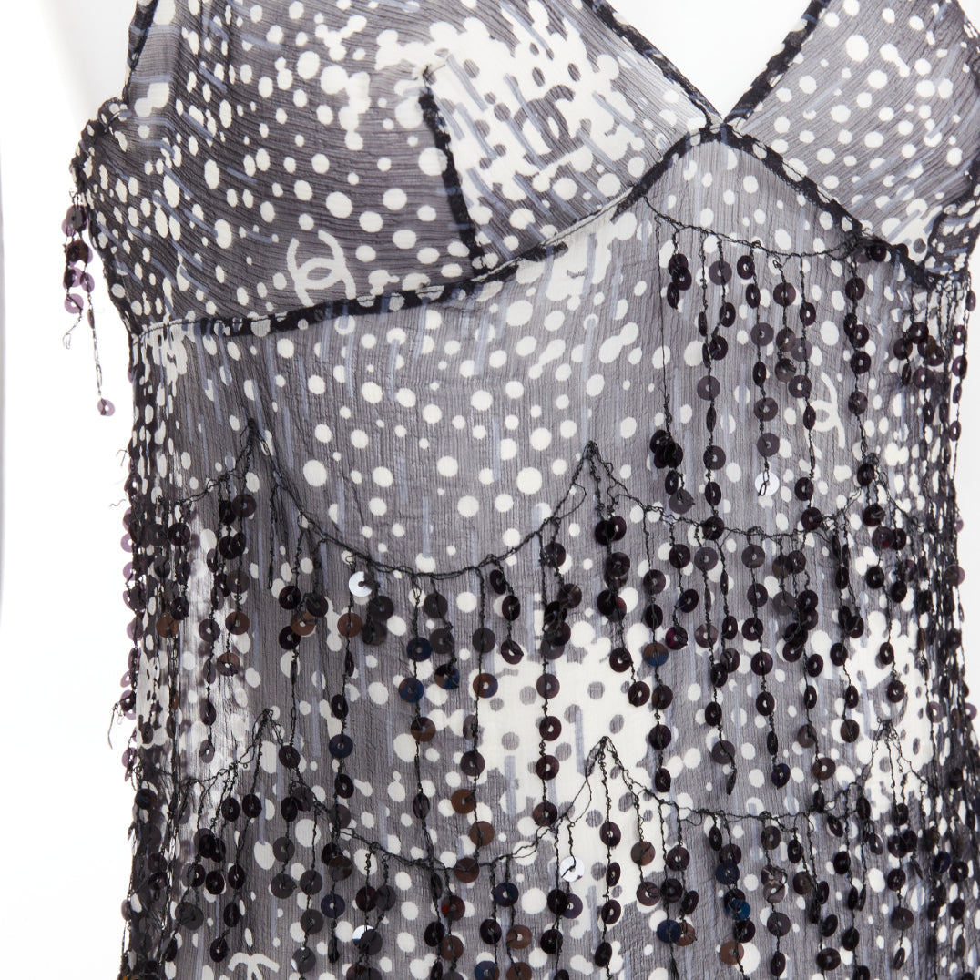 CHANEL 02A black grey sequin fringe applique sheer camisole FR38 M