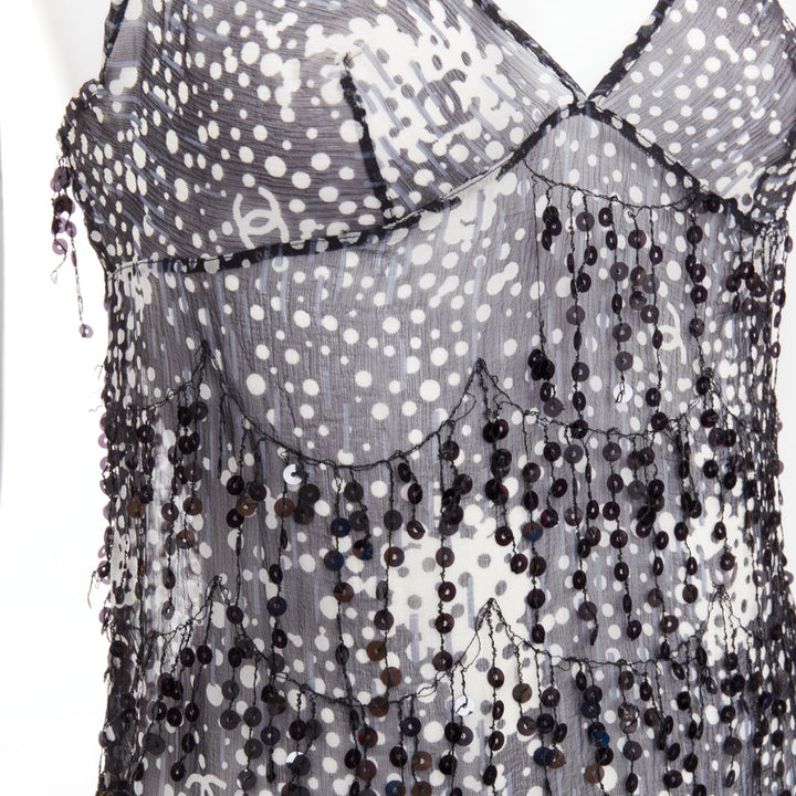 CHANEL 02A black grey sequin fringe applique sheer camisole FR38 M
