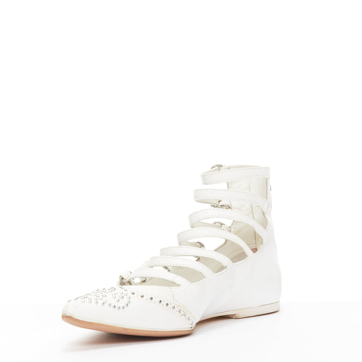 VERONIQUE BRANQUINHO white leather silver studded wingtip strappy flats EU37.5