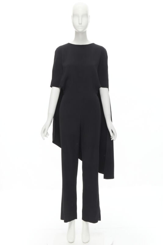 ESTABAN CORTEZAR black open back asymmetric cape jumpsuit FR38 S