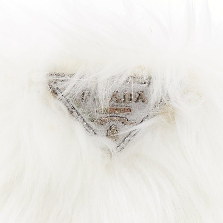 PRADA white faux fur silver triangle logo wristlet clutch bag