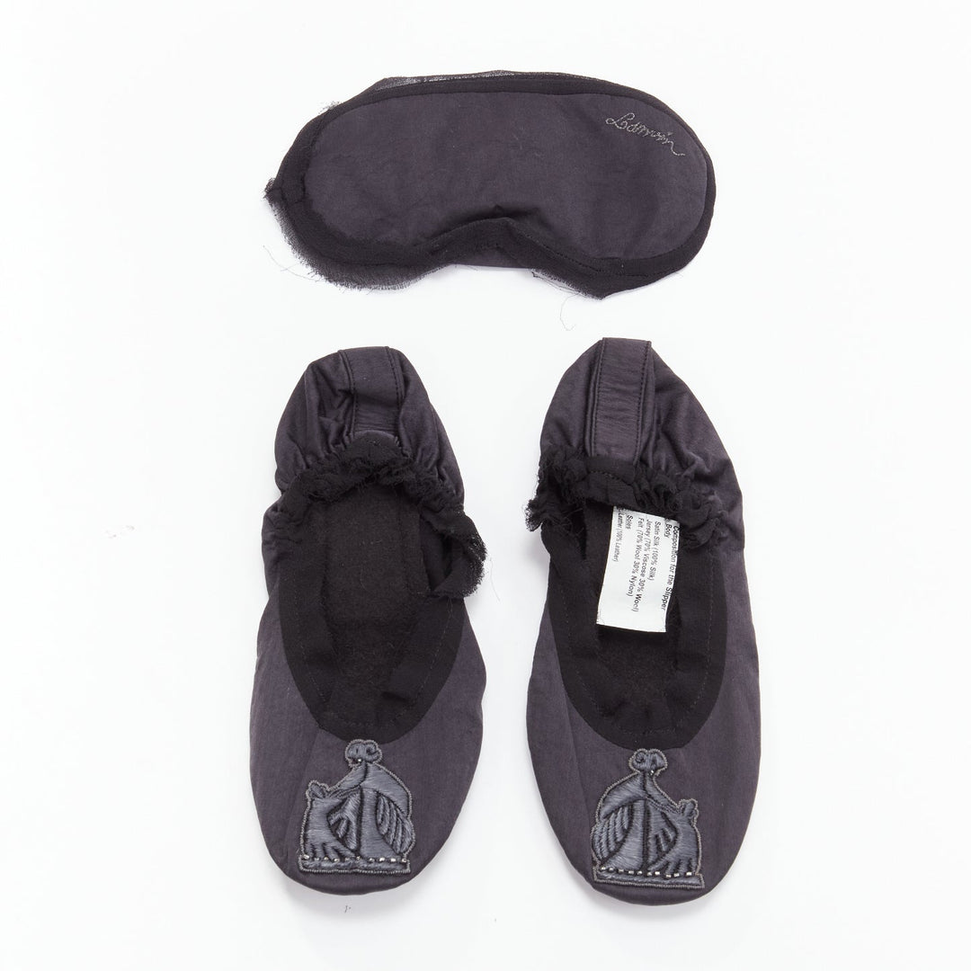 LANVIN black 100% silk satin logo embroidery sleeping flats mask set  EU37