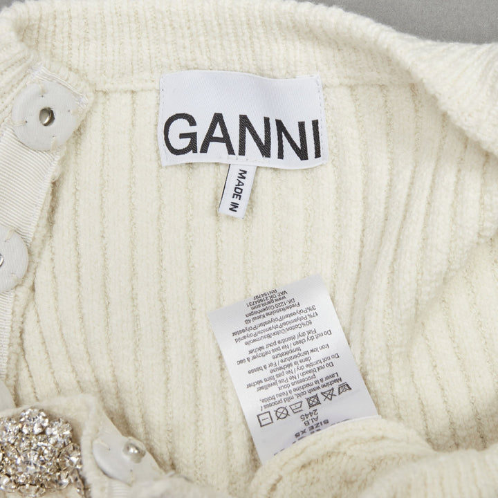 GANNI ivory crystal button textured knit cotton blend sweater top XS