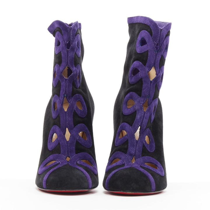 CHRISTIAN LOUBOUTIN black suede purple swirl cut out high heel ankle bootie EU36
