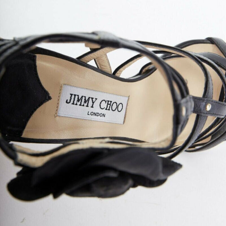 JIMMY CHOO black leather flower brooch caged strappy heel sandals EU35.5 US5.5